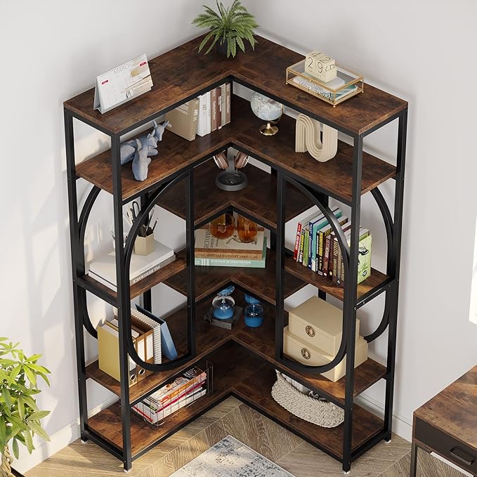 LITTLE TREE Large Corner Bookshelf Industrial Bookcase - Image 7