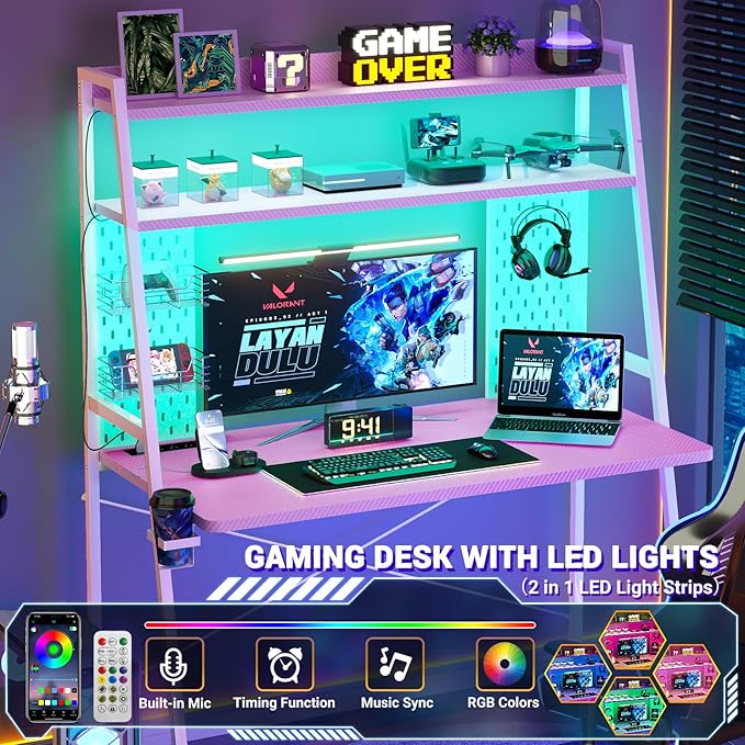 Small Gaming Desk with Hutch and LED Lights, Gaming Computer Desk with Power - Image 4