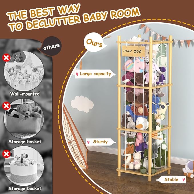 Bamboo Stuffed Animal Storage Zoo, Large Capacity Plush Toy Cage, Wood Stuffed - Image 4
