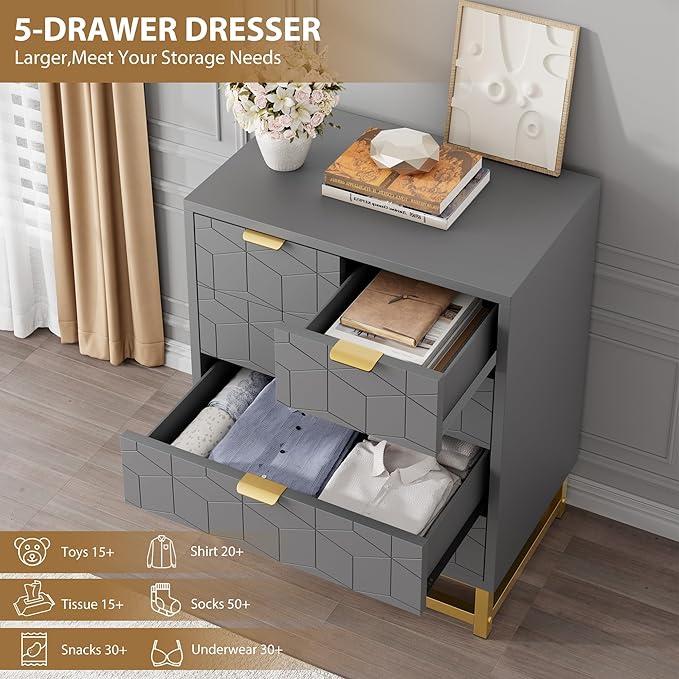 GAOMON Grey 5 Drawer Dresser for Bedroom, Chest of Drawers - Image 6