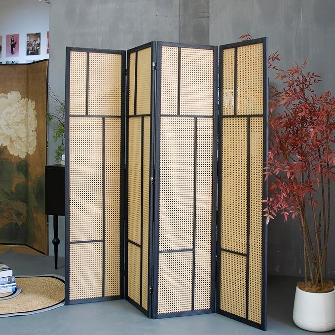 4 Panel Room Divider Screen and Folding Panel Screen, Double Sided Rattan - Image 5