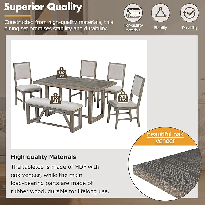 Merax Farmhouse Wooden Dining Set of 6, 59.6 inch Kitchen Table - Image 4