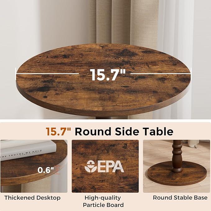 Round Side Table, Solid Wood Pillar, Large 15.7" Top, Small Accent Table - Image 3