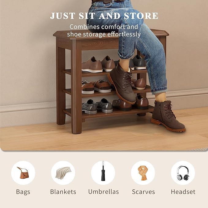 Shoe Rack for Front Door Entrance, Solid Wood Shoe Bench for Closet, Holds Up - Image 4