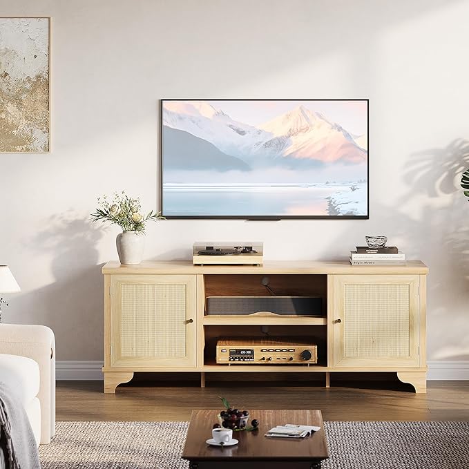 GarveeHome Rattan TV Stand for Living Room, Boho Entertainment Center for 55 - Image 9