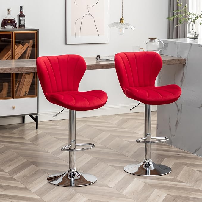 Roundhill Furniture Ellston Velvet Adjustable Swivel Barstools in Red - Image 3