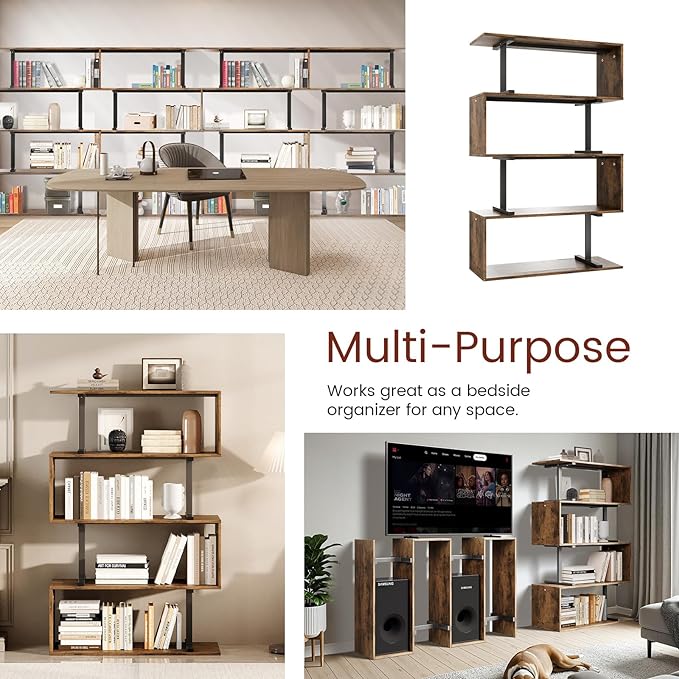 5-Tier Geometric Bookshelf, S Shaped Bookcase, 31.5" W x 58.3" H Wood - Image 5