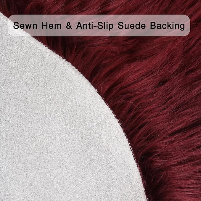 duduta Burgundy Faux Fur Round Rug 4x4 ft, Fluffy Shag Sheepskin Circle Rug - Image 4