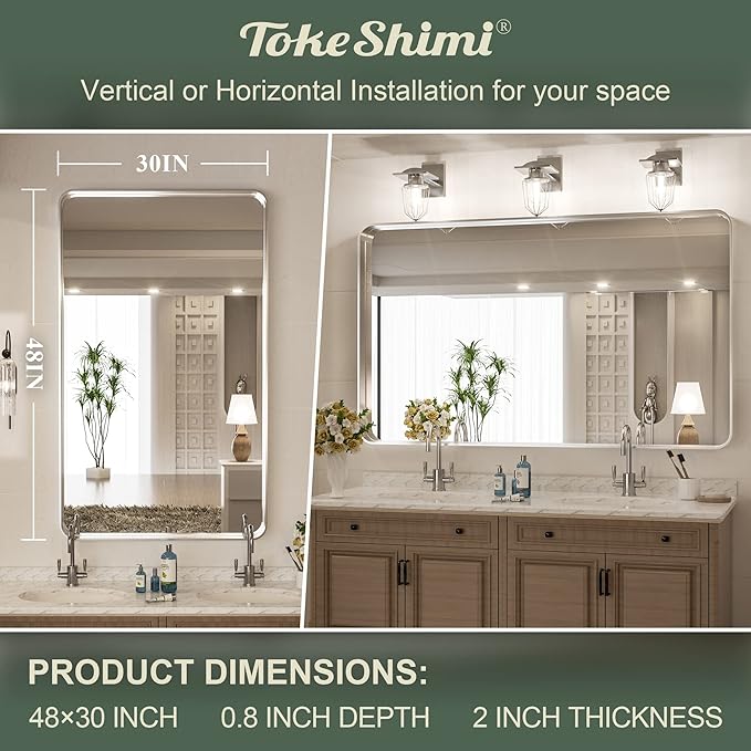 TokeShimi 48 x 30 Inch Brushed Silver Bathroom Mirror - Image 5