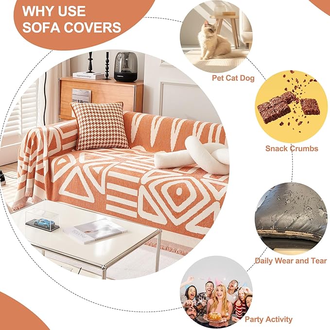 STACYPIK Soft Thick Boho Orange Loveseat Sofa Covers Modern Geometric Couch - Image 8