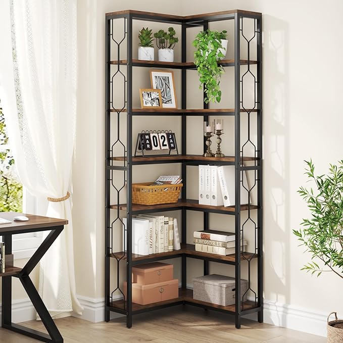 Tribesigns Corner Shelf, 7-Tier Industrial Corner Bookshelf, Wood and Metal - Image 4