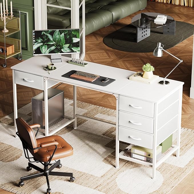 Huuger 63 Inch White Desk with 4 Drawers, Vanity Desk with Mesh Shelf, Large - Image 9