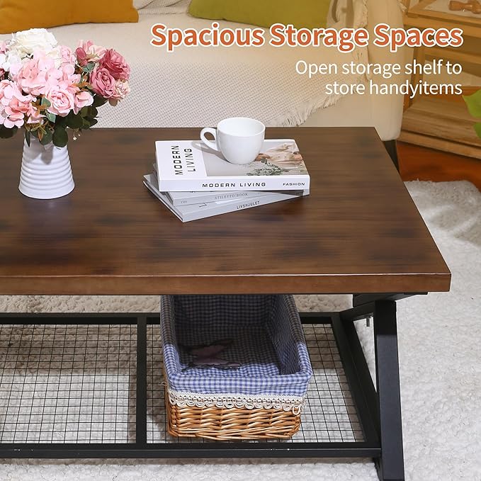 EASYSOUL Coffee Table with Storage Shelf, Solid Wood Top with Black Metal - Image 9
