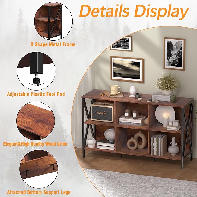 Horizontal Bookshelf Bookcase, Cube Storage Organizer Shelf, Industrial Wide - Image 4