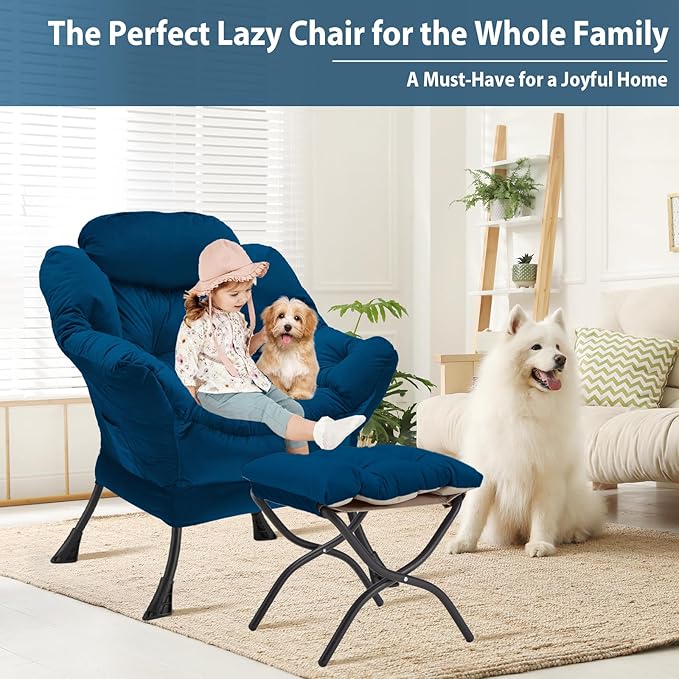 Lazy Chair with Folding Ottoman, Accent Chair Velvet Upholstered with Metal - Image 4