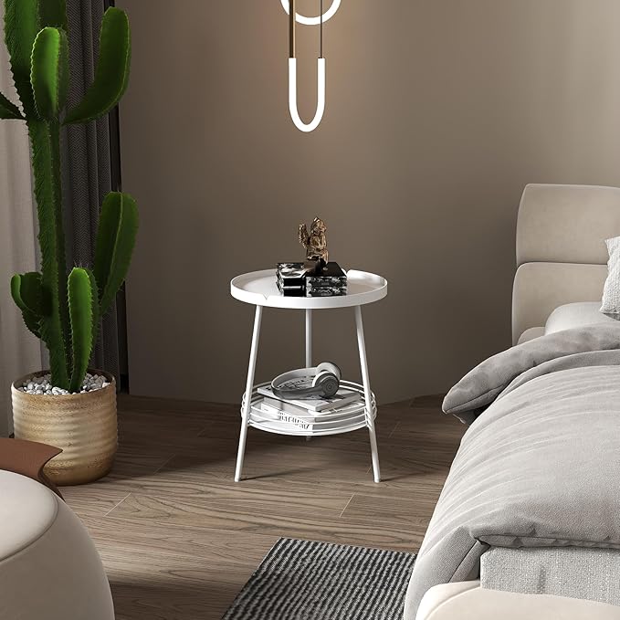 Benkyo 2 Tier White Metal Round Side Table Tiered Two Shelf Storage Coffee Sofa - Image 5