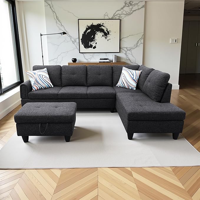 Couches for Living Room Modern L Shaped Couch Comfy Linen Fabric 3 Pieces - Image 4