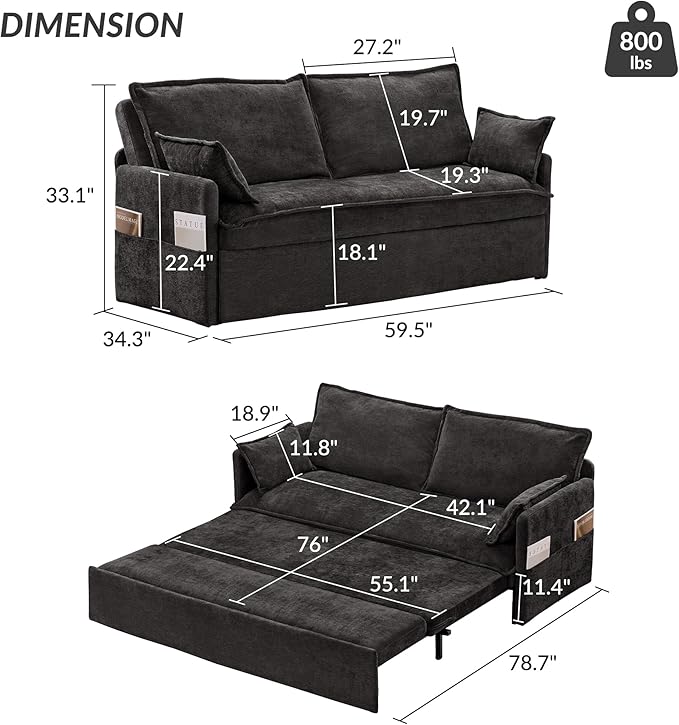 Furnimart 59.5" Queen Size Pull Out Sofa Bed, 3 in 1 Convertible Sleeper Bed - Image 2