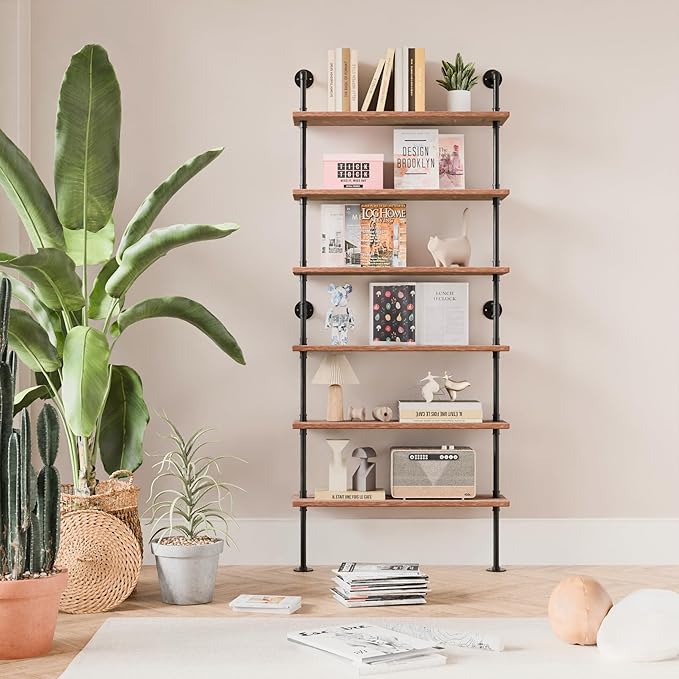 6 Tier Industrial Ladder Pipe Shelf Bookcase, Rustic Wall Mounted Pipe by ANYNICE