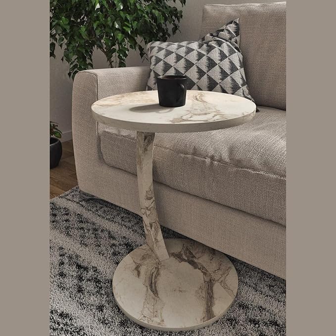 C Shaped End Table for Couch Small Places, Faux Marble White Space Saver Round - Image 4
