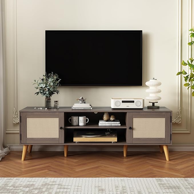 TV Stand for TVs up to 65 inches, Rattan Grain Finish Panel by Unknown