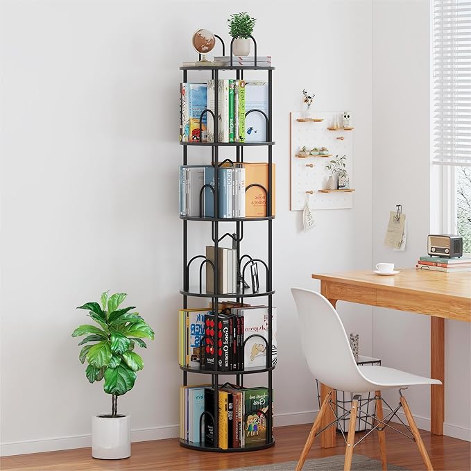 5 Tier Rotating Bookshelf, 360° Spinning Bookshelf Tower, Round Narrow Space - Image 5