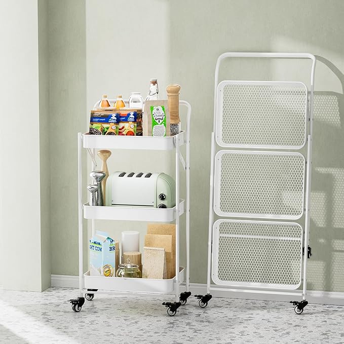 JAQ Foldable Rolling Cart, 3-Tier Metal Small Folding Storage Utility Carts by JAQ-BuyNow