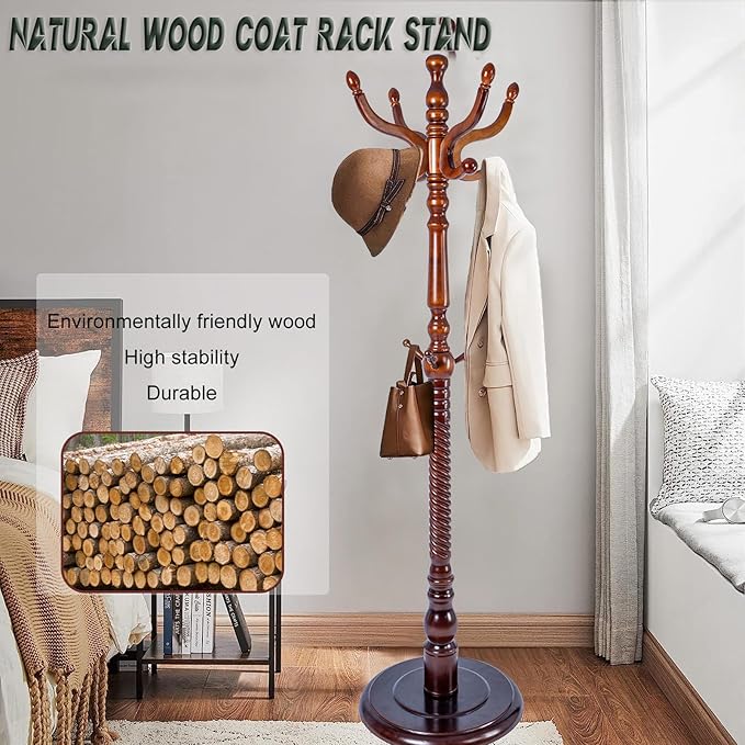 73" Wooden Coat Rack Stand, Coat Racks Freestanding - Image 3
