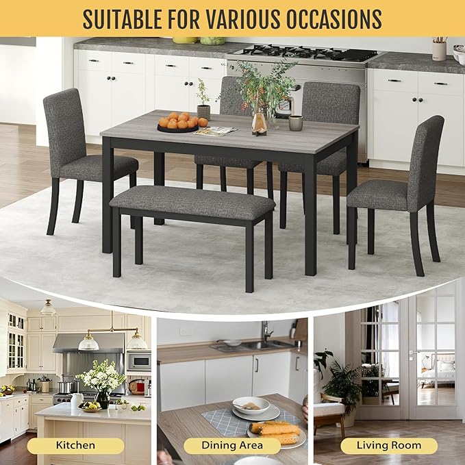 6-Piece Solid Wood Dining Table Set, Including 1 Dining Table, 4 Upholstered - Image 6