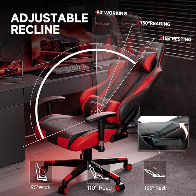 GTRACING Gaming Chair with Reclining Backrest, Adjustable Height and Swivel Base - Image 4