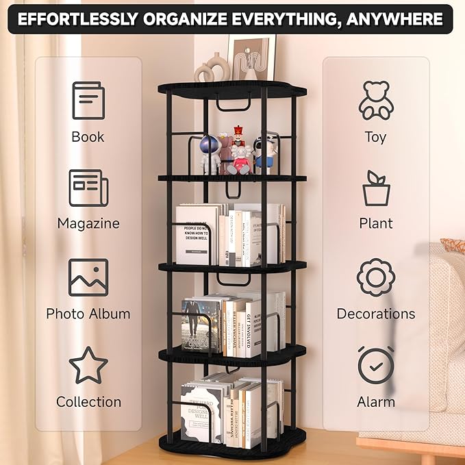 4-Tier Rotating Book Shelf, 360° Display Spinning Bookshelf Tower, Book - Image 6