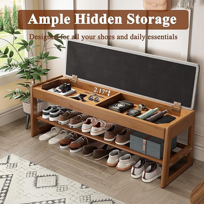 Shoe Rack Bench with Cotton-Linen Cushion 2-Tier Wooden Storage Bench 550lbs - Image 3