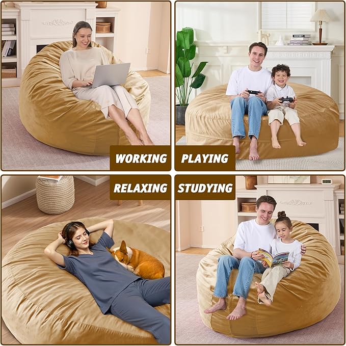 7FT Bean Bag Chair with Ultra Soft Velvet Cover Bean Bag Sofa with Memory Foam - Image 6