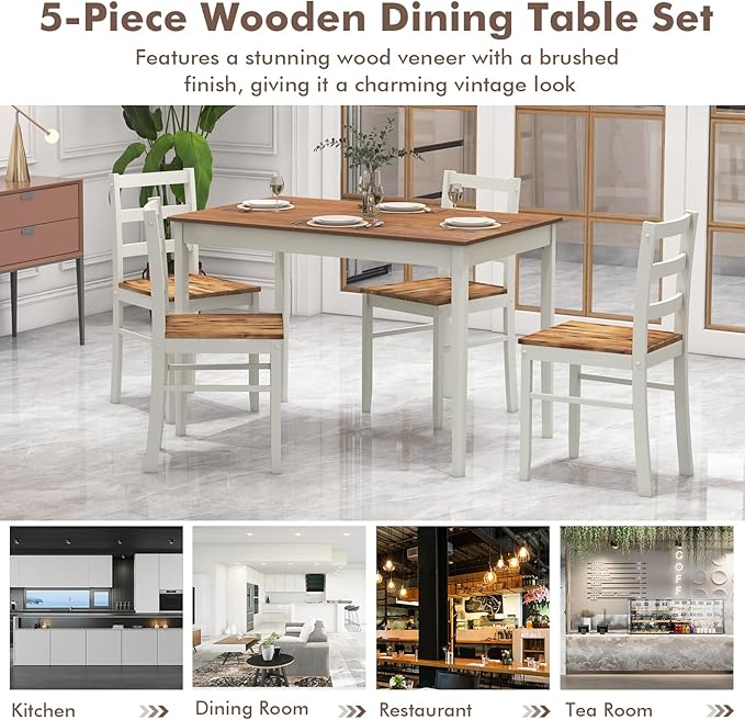 Giantex 5-Piece Dining Set for 4, Solid Wood Rectangular Table & 4 Chairs wtih - Image 6