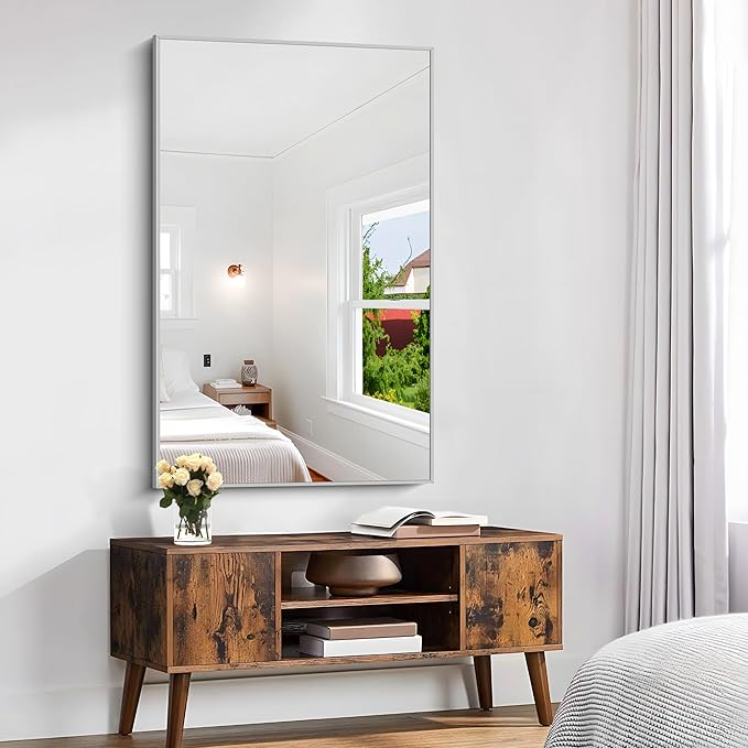 KOCUUY 30x48 Inch Large Silver Wall Mounted Mirror, Brushed Nickel Framed - Image 3