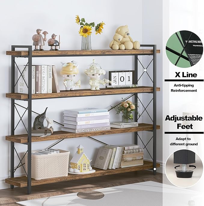 HCHQHS Large Bookshelf, 4-Tier Long Industrial Bookcase, Rustic Brown Book Shelf - Image 6