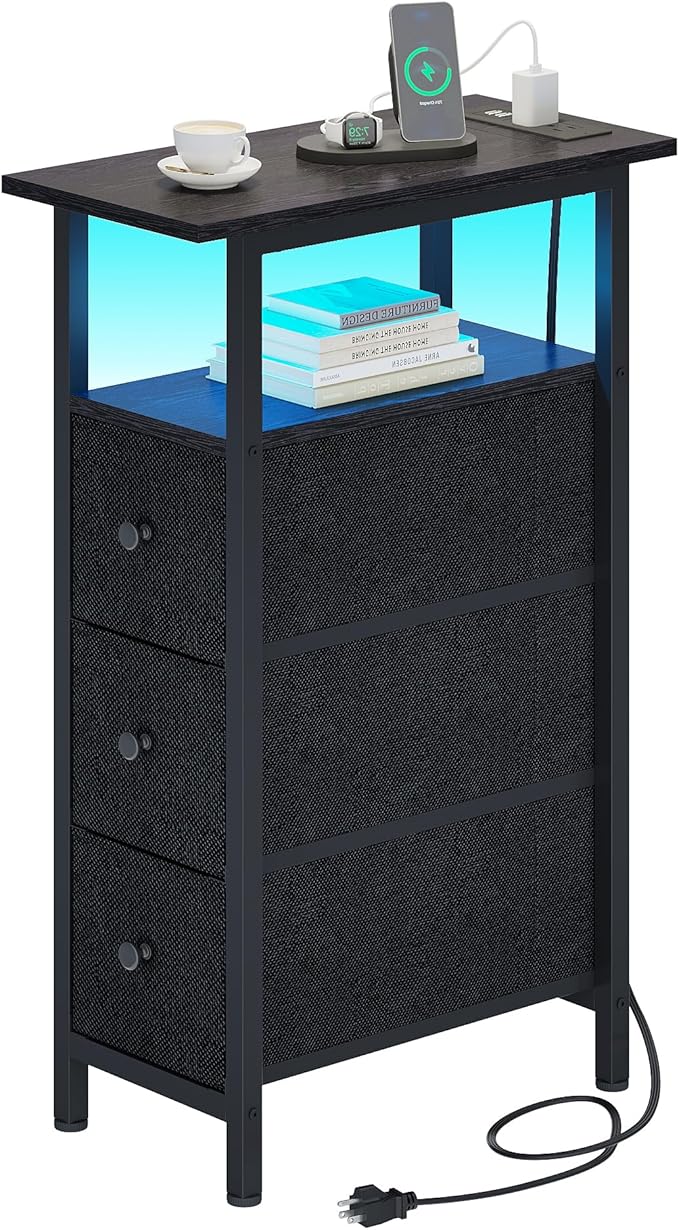 End Table with Charging Station, Narrow Side Table with 3 Fabric Drawers by TRIFEBLE