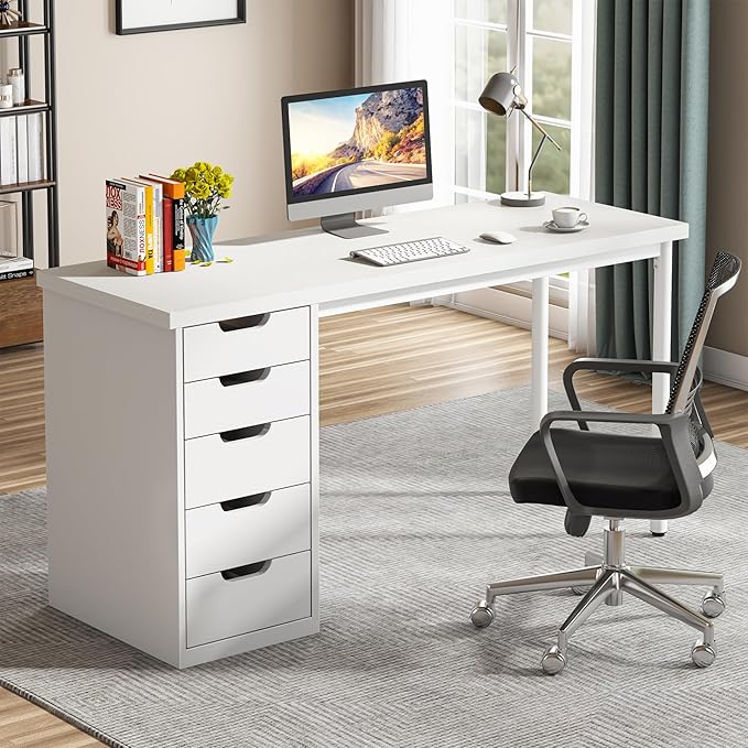Tribesigns Computer Desk with 5 Drawers, 47 inches Rustic Brown Home Office - Image 3