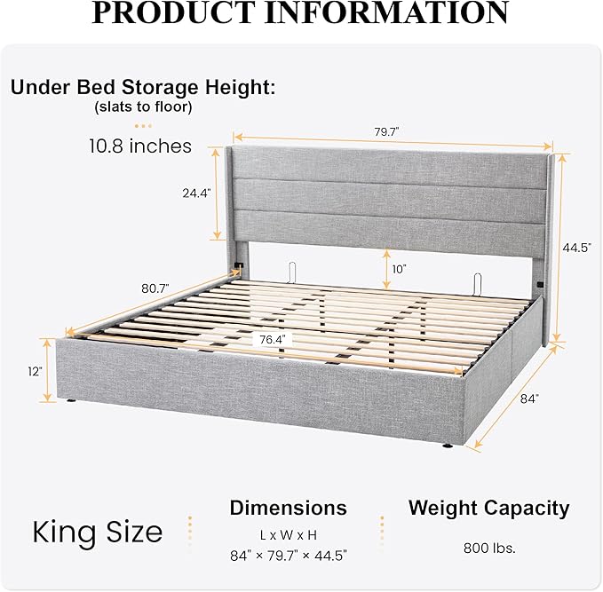 SHA CERLIN King Size Lift Up Storage Bed/Modern Wingback Headboard/Upholstered - Image 2