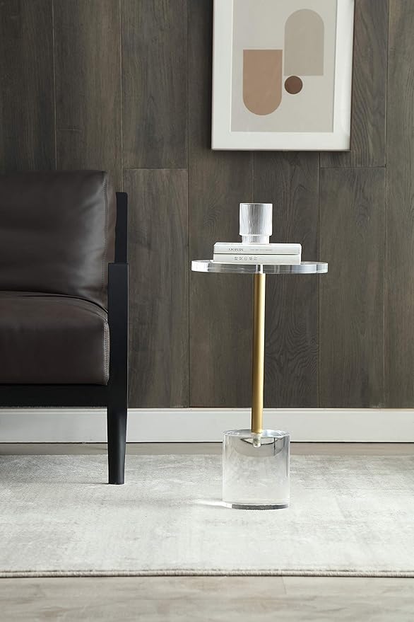 Clear Acrylic End Table, Side Table, Brushed Brass Metal, - Image 2