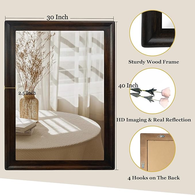 CULER Rustic Wood Wall Mirror for Bathroom, Rectangle Large 30 x 40 inch - Image 4