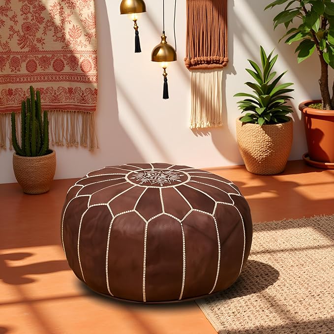 Stuffed Round Design Moroccan Leather Pouf Ottoman, Pre-Filled, 100% Genuine - Image 5