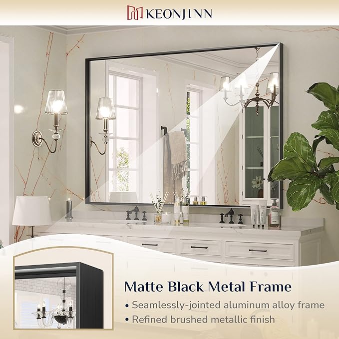 Keonjinn Black Bathroom Mirror 48 x 36 Inch, Large Rectangle Matte Black Vanity - Image 6