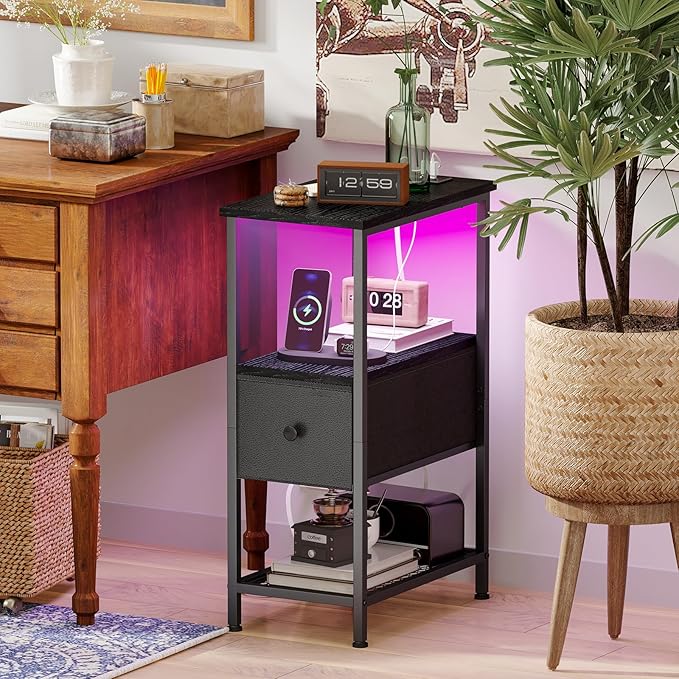 Fixwal Narrow Side Table with Charging Station and LED Light, Skinny Nightstand - Image 7