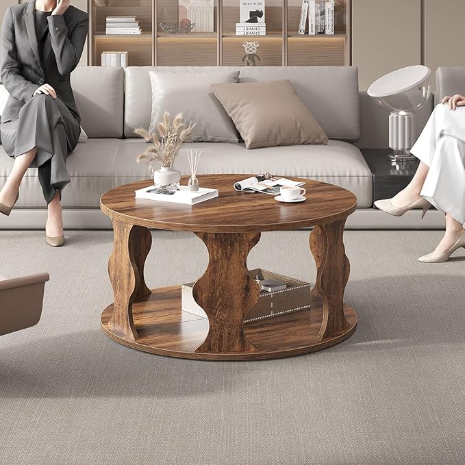 HSH Round Wood Coffee Table, Rustic Brown Circle Center Table - Image 9