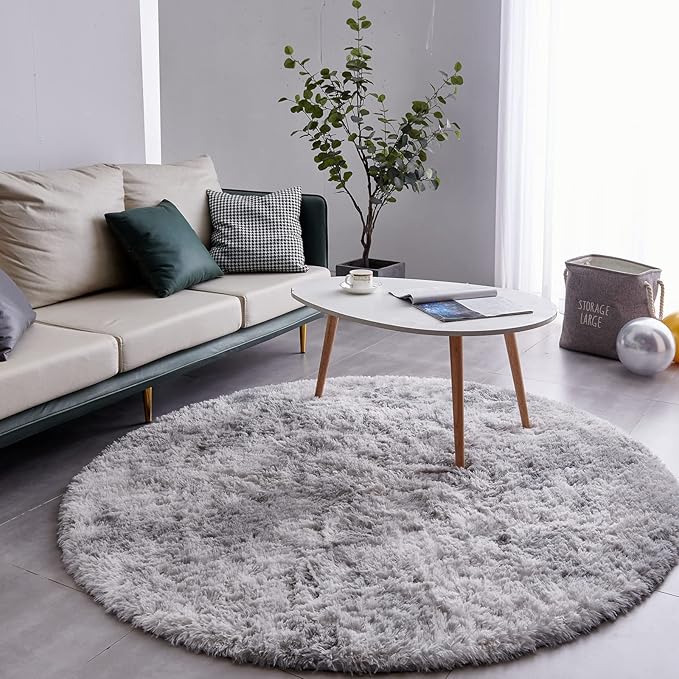 FJZFING Tie-Dyed Light Grey Round Rug Ultra-Soft Plush Modern 4x4 Circle Area - Image 2