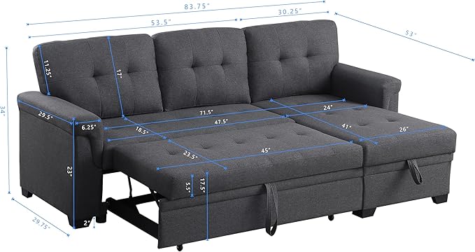 Ball & Cast L-Shape Reversible Sectional Sleeper Sofa Bed 4 in 1 Pull Out Couch - Image 2