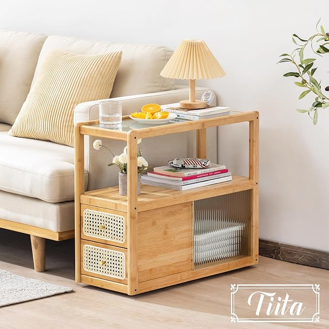 Tiita Rattan Nightstand Side Table, Bamboo Accent Bedside Tables, Glass Coffee - Image 4