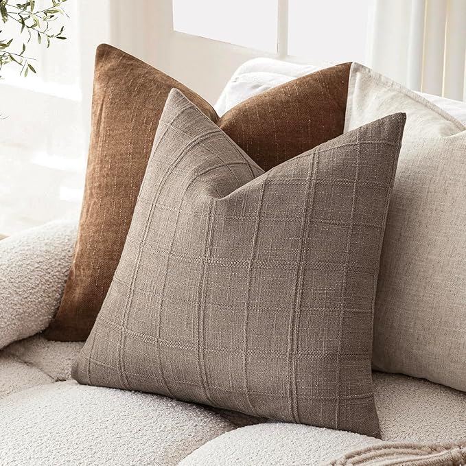 Foindtower Set of 2 Decorative Linen Check Throw Pillow Covers Neutral - Image 5