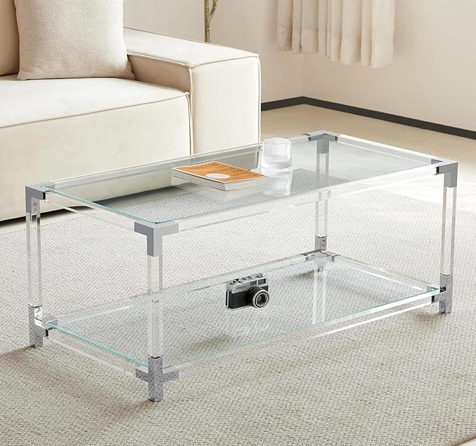 Saint Mossi 202302CR Glass Coffee Table, Double Layer Glass Coffee Table - Image 3